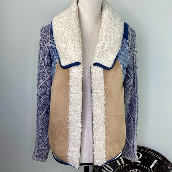 Anthropologie Saturday Sunday Sherpa knit faux suede sweater zip jacket size XS - Picture 4 of 10